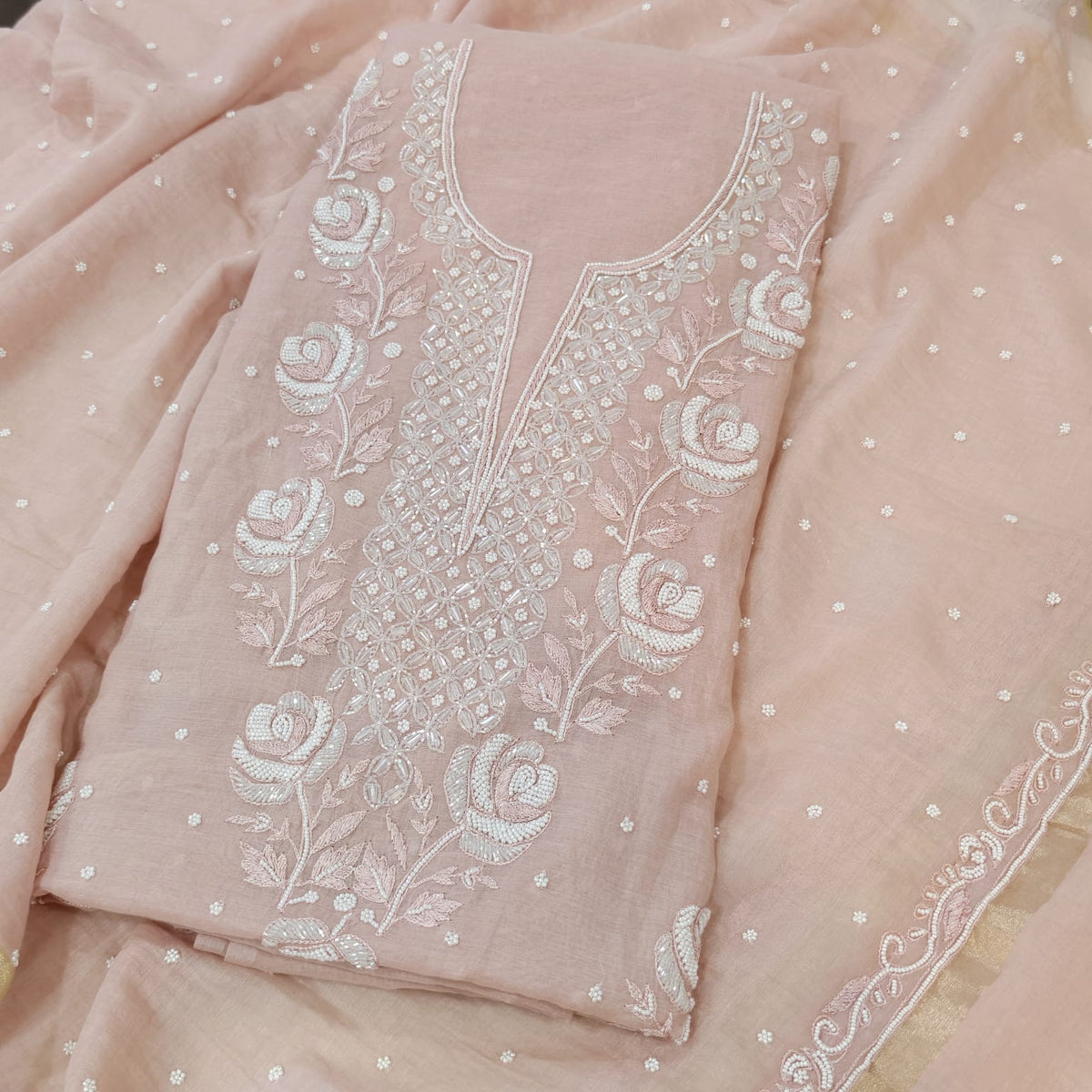 Elegant Mal Chanderi Suit with Exquisite Parsi Embroidery