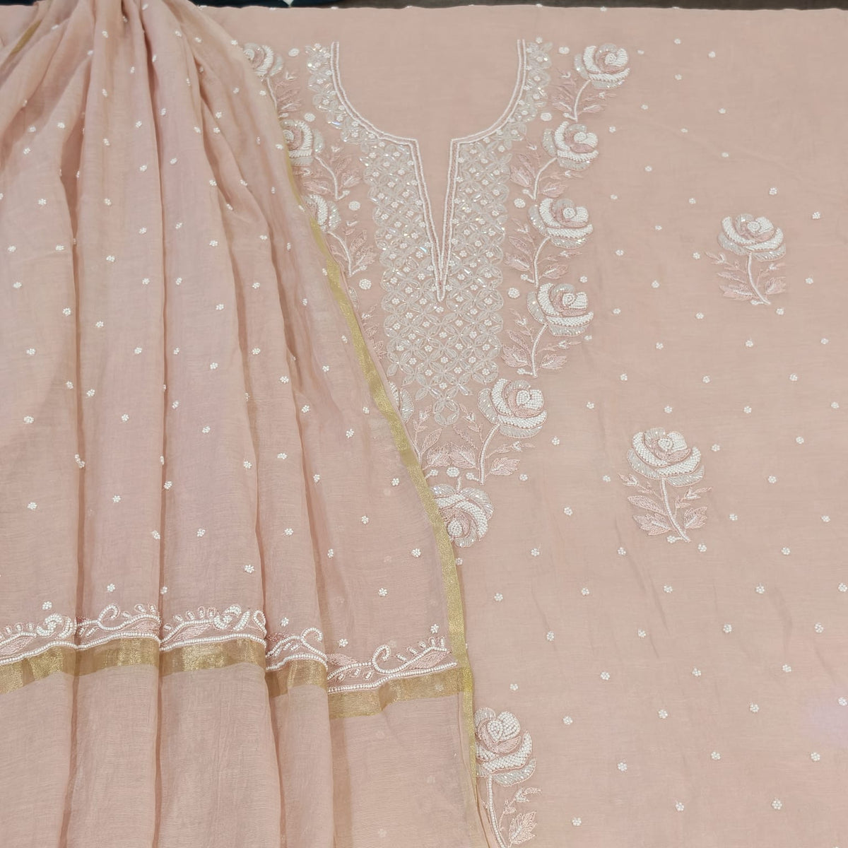 Elegant Mal Chanderi Suit with Exquisite Parsi Embroidery