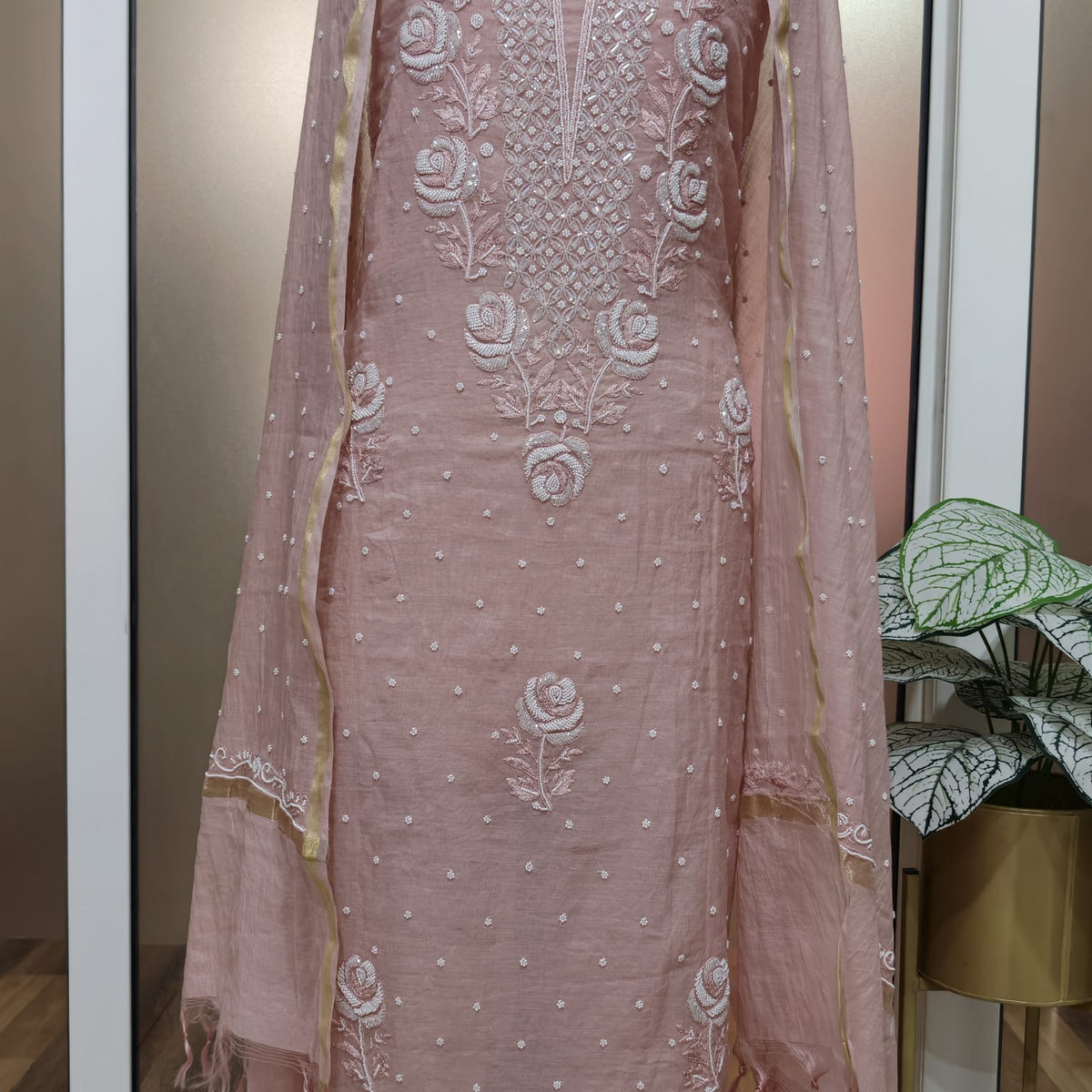 Elegant Mal Chanderi Suit with Exquisite Parsi Embroidery