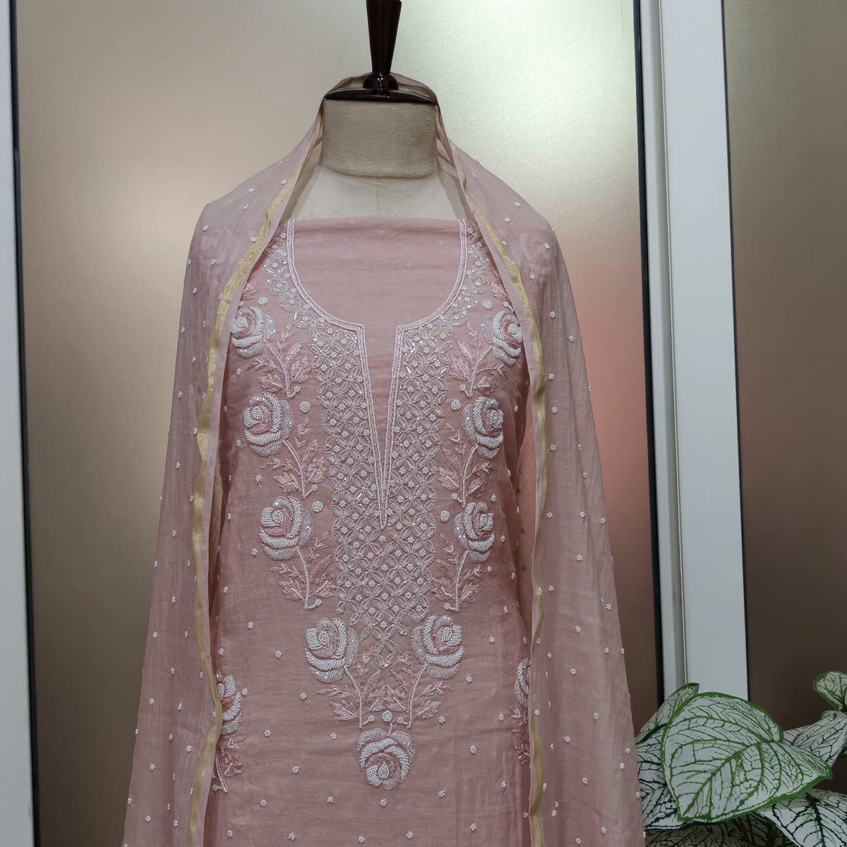 Elegant Mal Chanderi Suit with Exquisite Parsi Embroidery