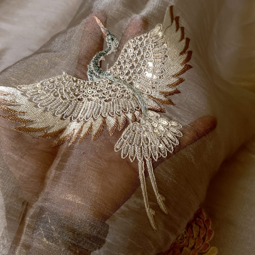 Crush Tissue Suit with Exquisite Parsi Flamingo Embroidery