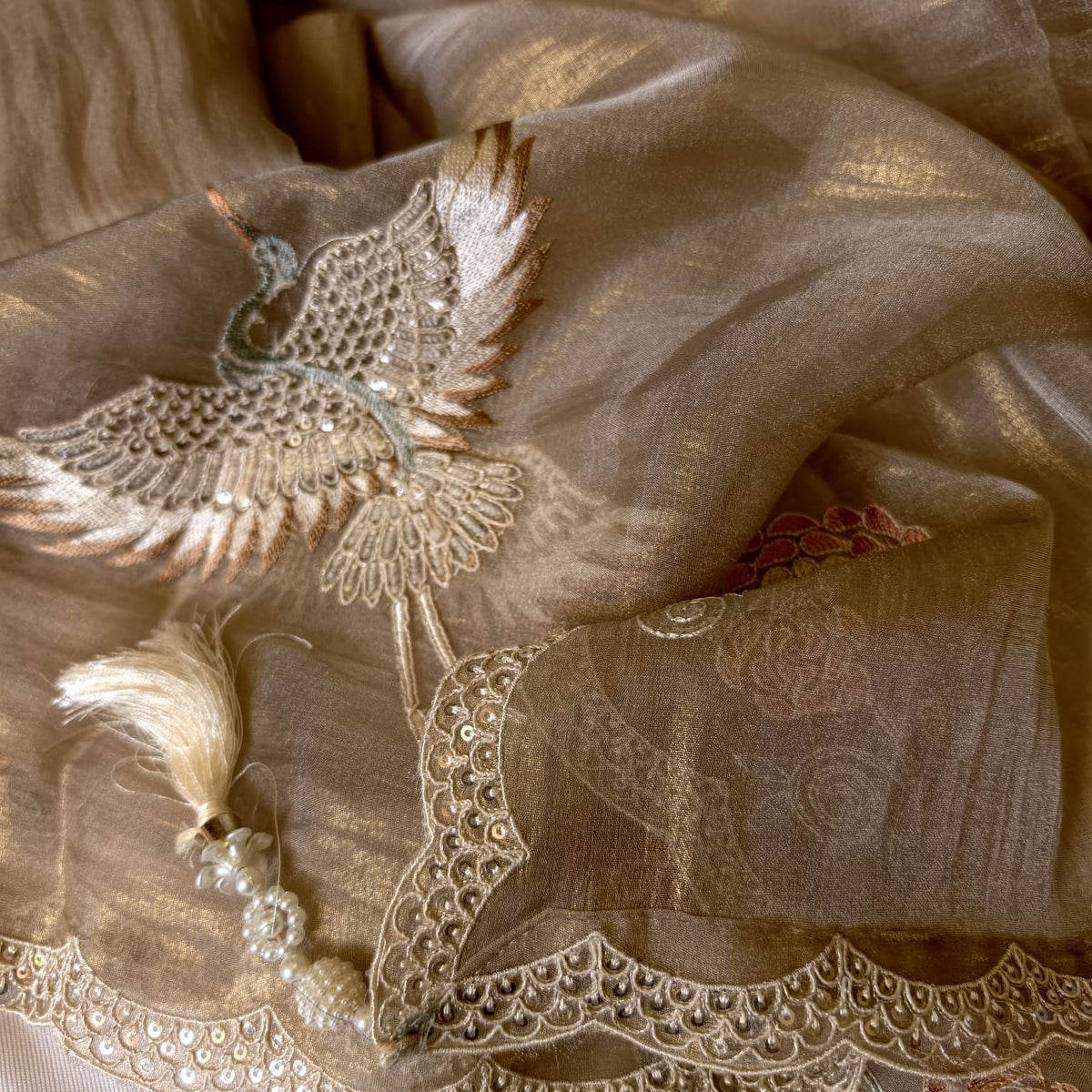 Crush Tissue Suit with Exquisite Parsi Flamingo Embroidery