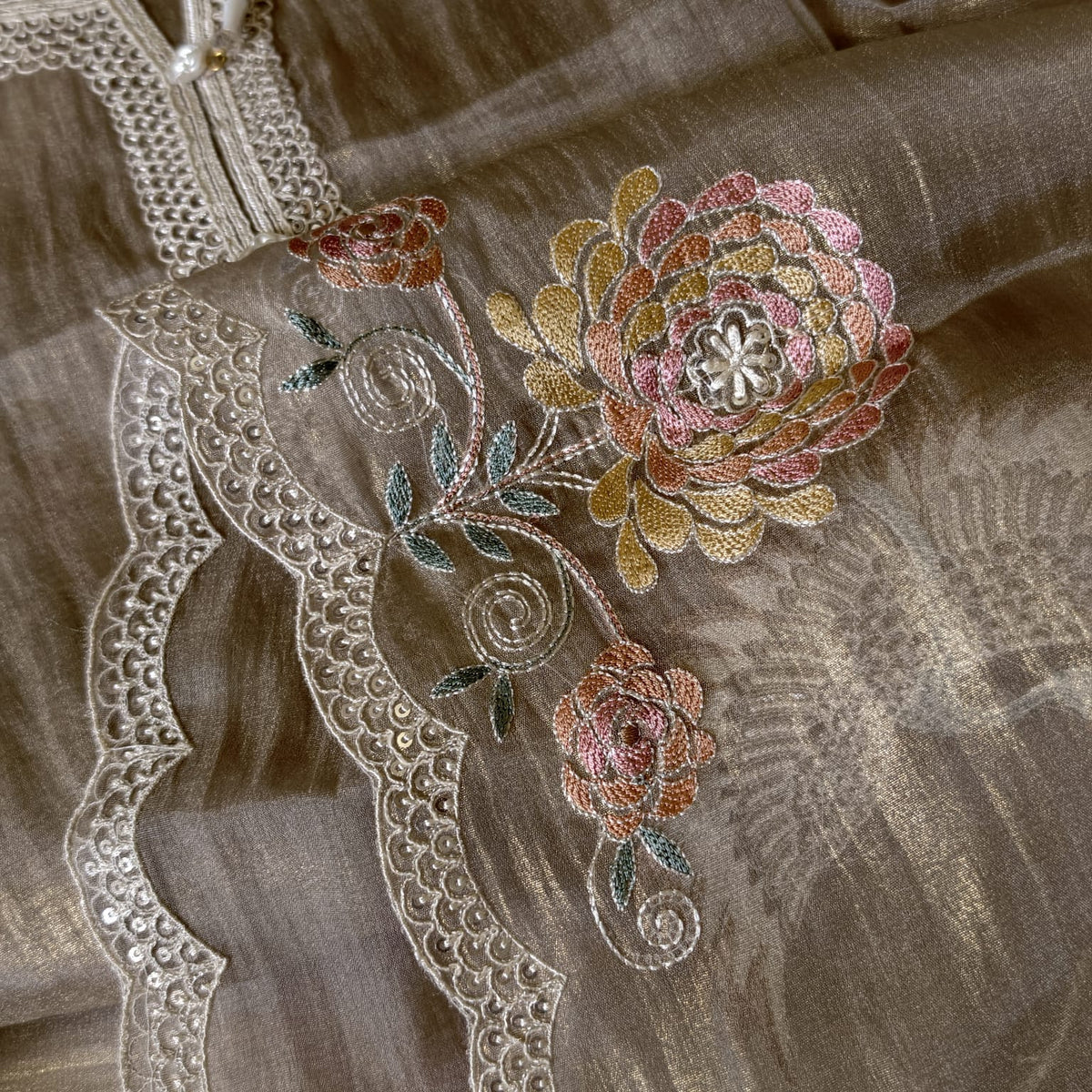 Crush Tissue Suit with Exquisite Parsi Flamingo Embroidery