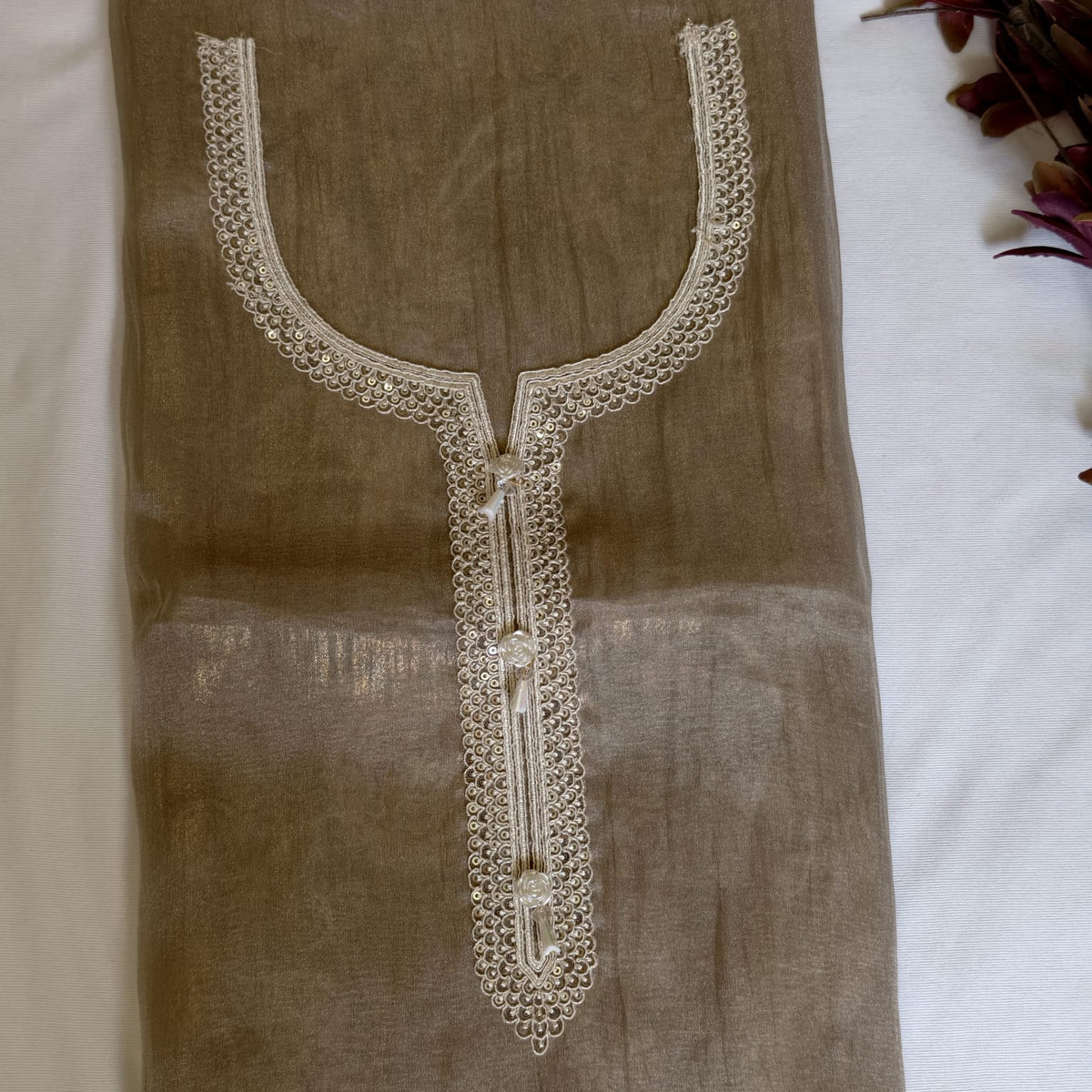 Crush Tissue Suit with Exquisite Parsi Flamingo Embroidery