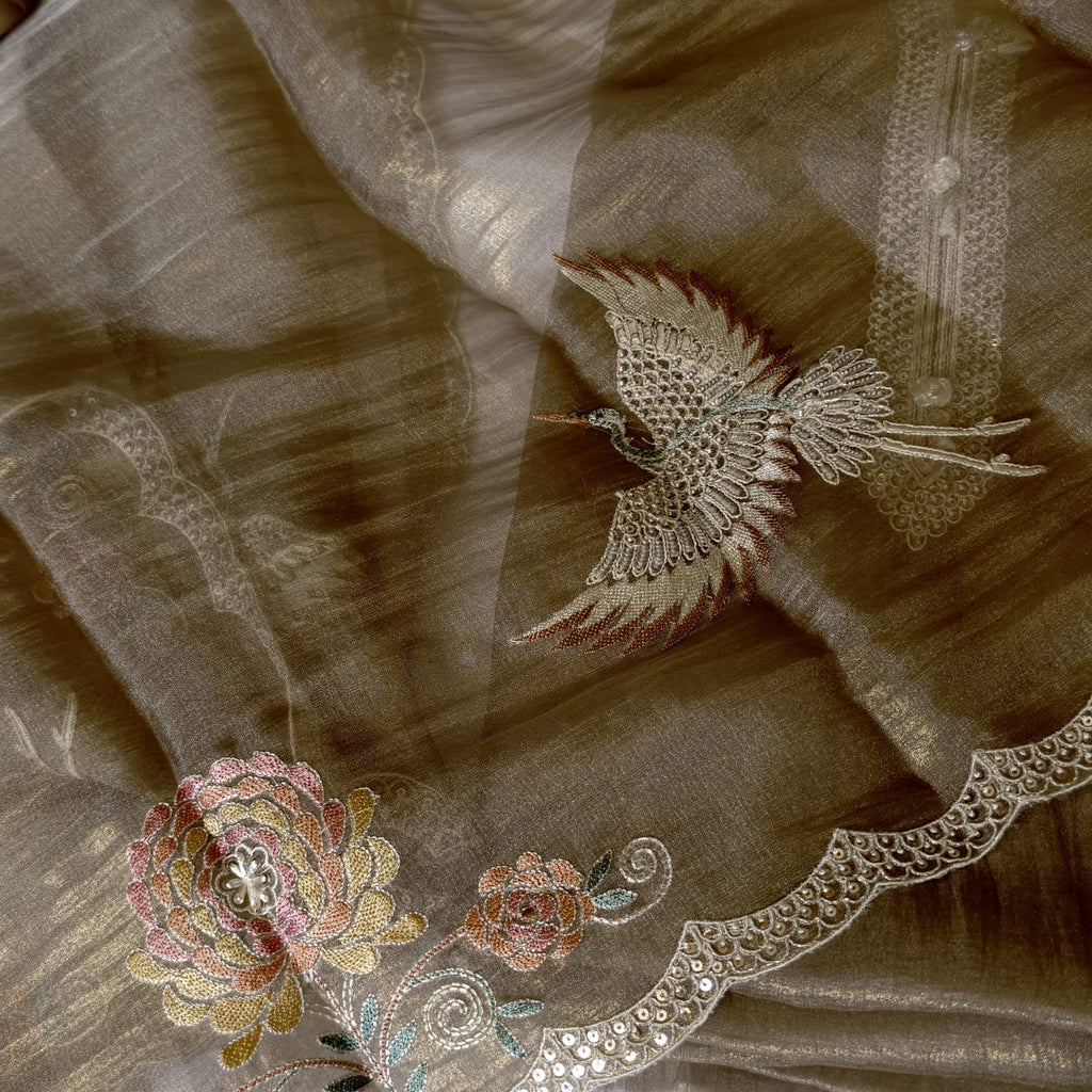 Crush Tissue Suit with Exquisite Parsi Flamingo Embroidery