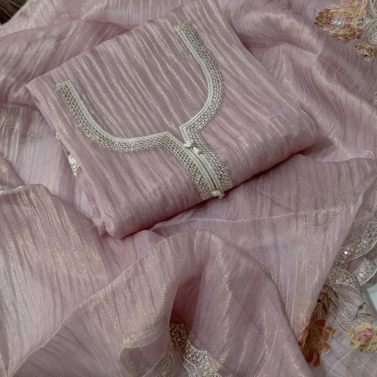 Elegant Masleen Suit with Polka Dot Design & Neckline Embroidery