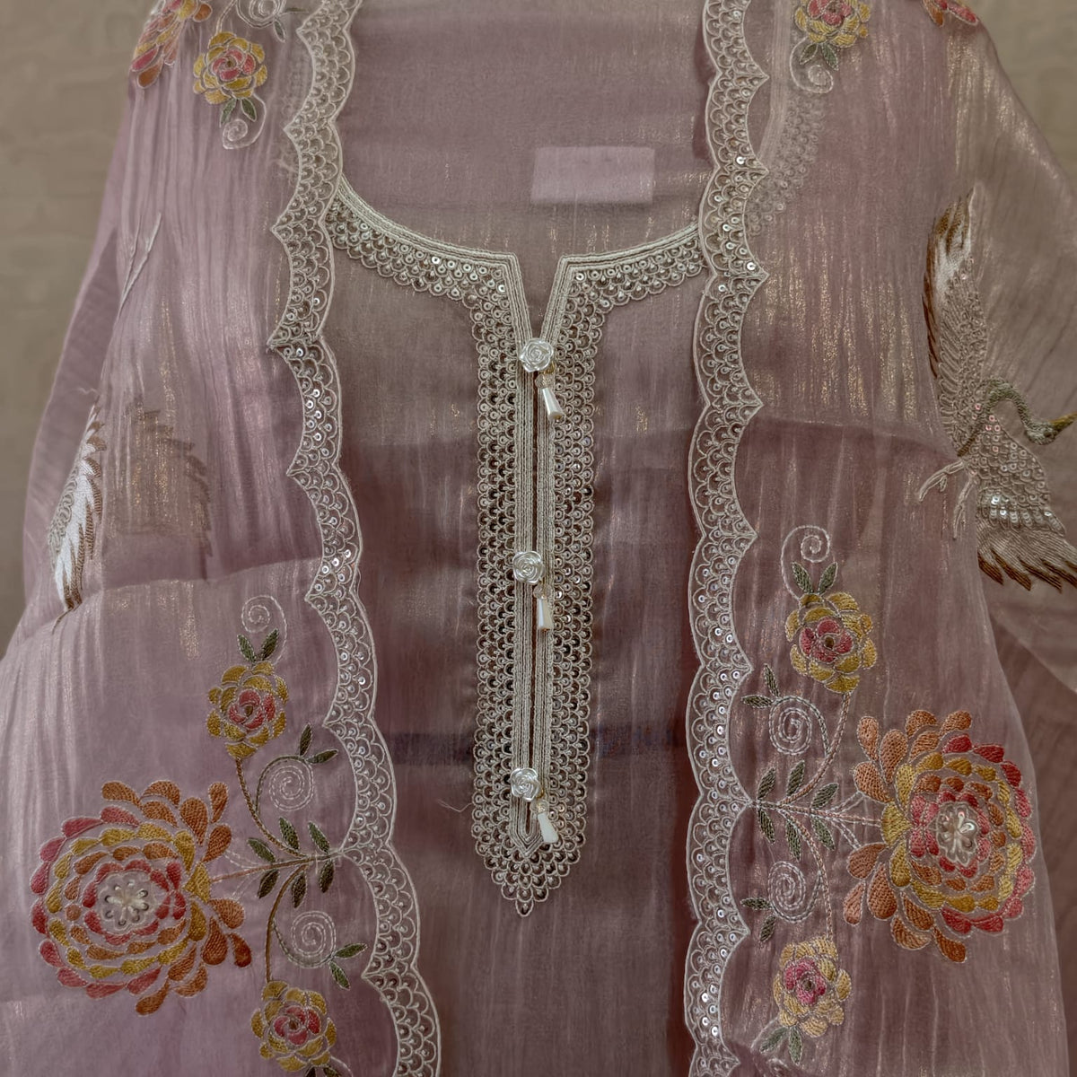 Elegant Masleen Suit with Polka Dot Design & Neckline Embroidery