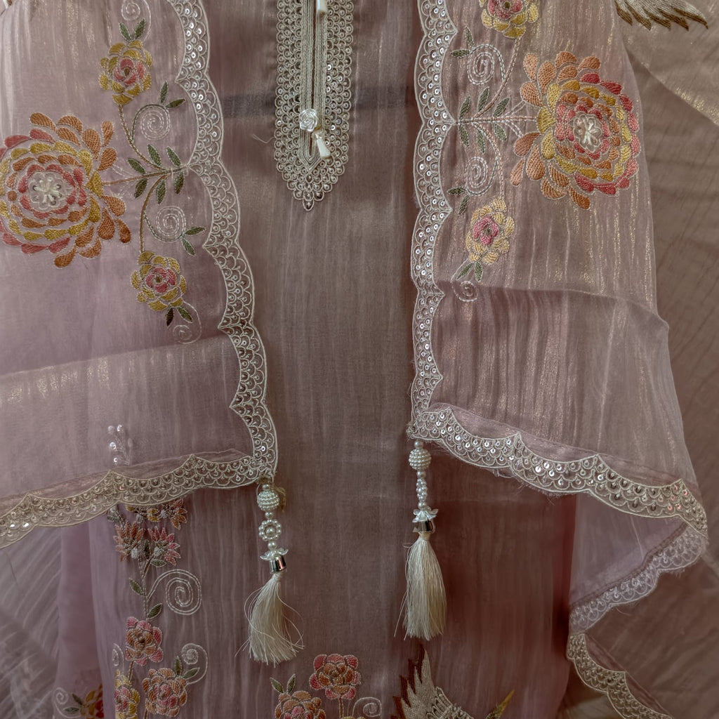 Elegant Masleen Suit with Polka Dot Design & Neckline Embroidery