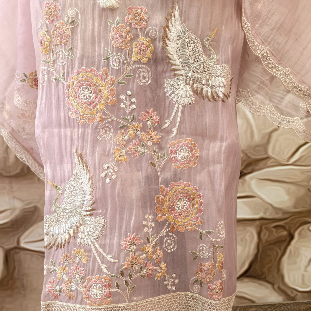 Elegant Masleen Suit with Polka Dot Design & Neckline Embroidery