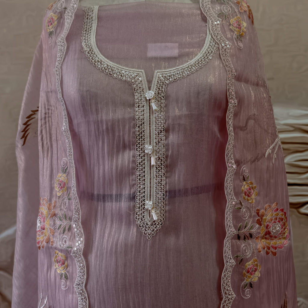 Elegant Masleen Suit with Polka Dot Design & Neckline Embroidery