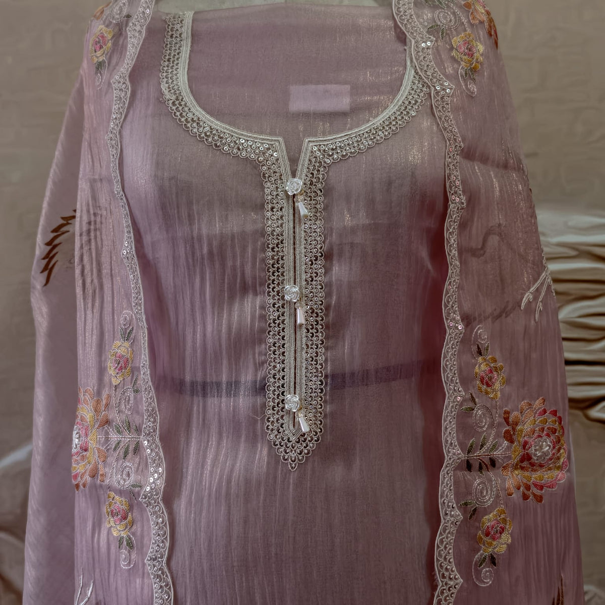 Elegant Masleen Suit with Polka Dot Design & Neckline Embroidery