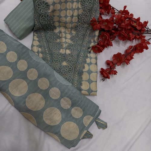 Elegant Masleen Suit with Polka Dot Design & Neckline Embroidery