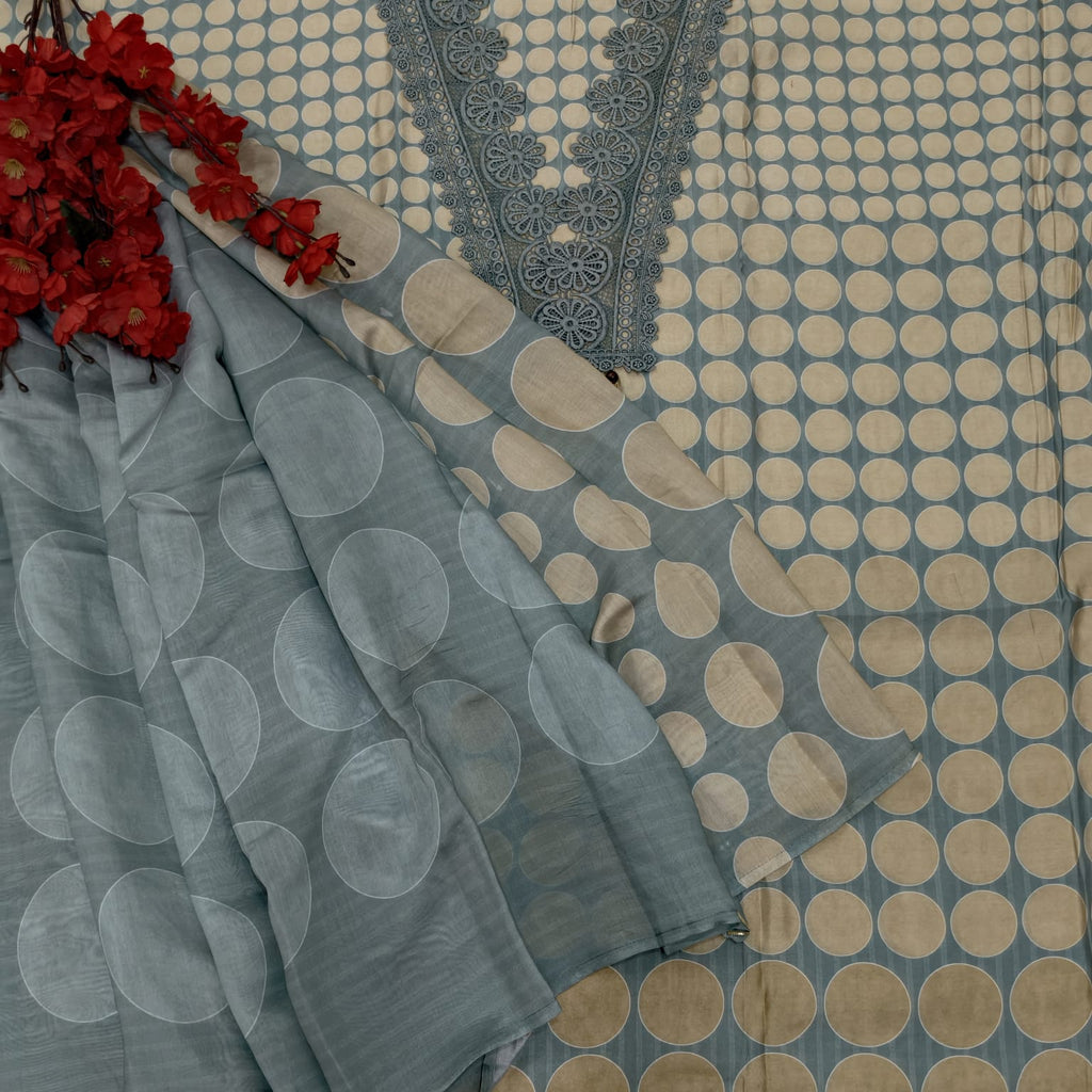 Elegant Masleen Suit with Polka Dot Design & Neckline Embroidery