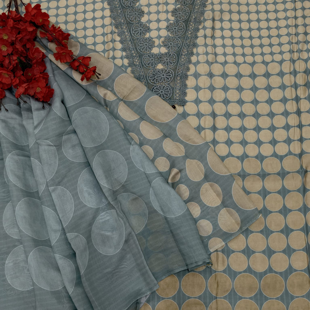Elegant Masleen Suit with Polka Dot Design & Neckline Embroidery
