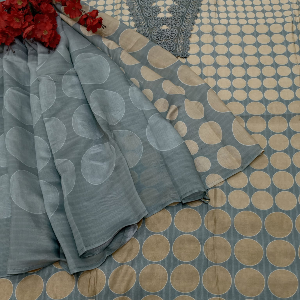 Elegant Masleen Suit with Polka Dot Design & Neckline Embroidery