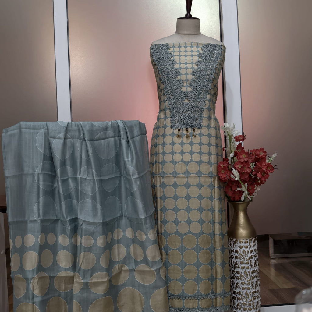 Elegant Masleen Suit with Polka Dot Design & Neckline Embroidery