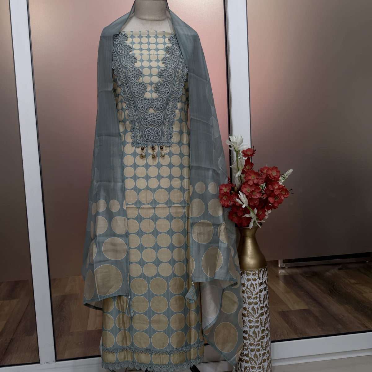 Elegant Masleen Suit with Polka Dot Design & Neckline Embroidery