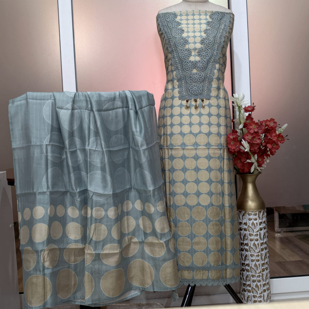 Elegant Masleen Suit with Polka Dot Design & Neckline Embroidery