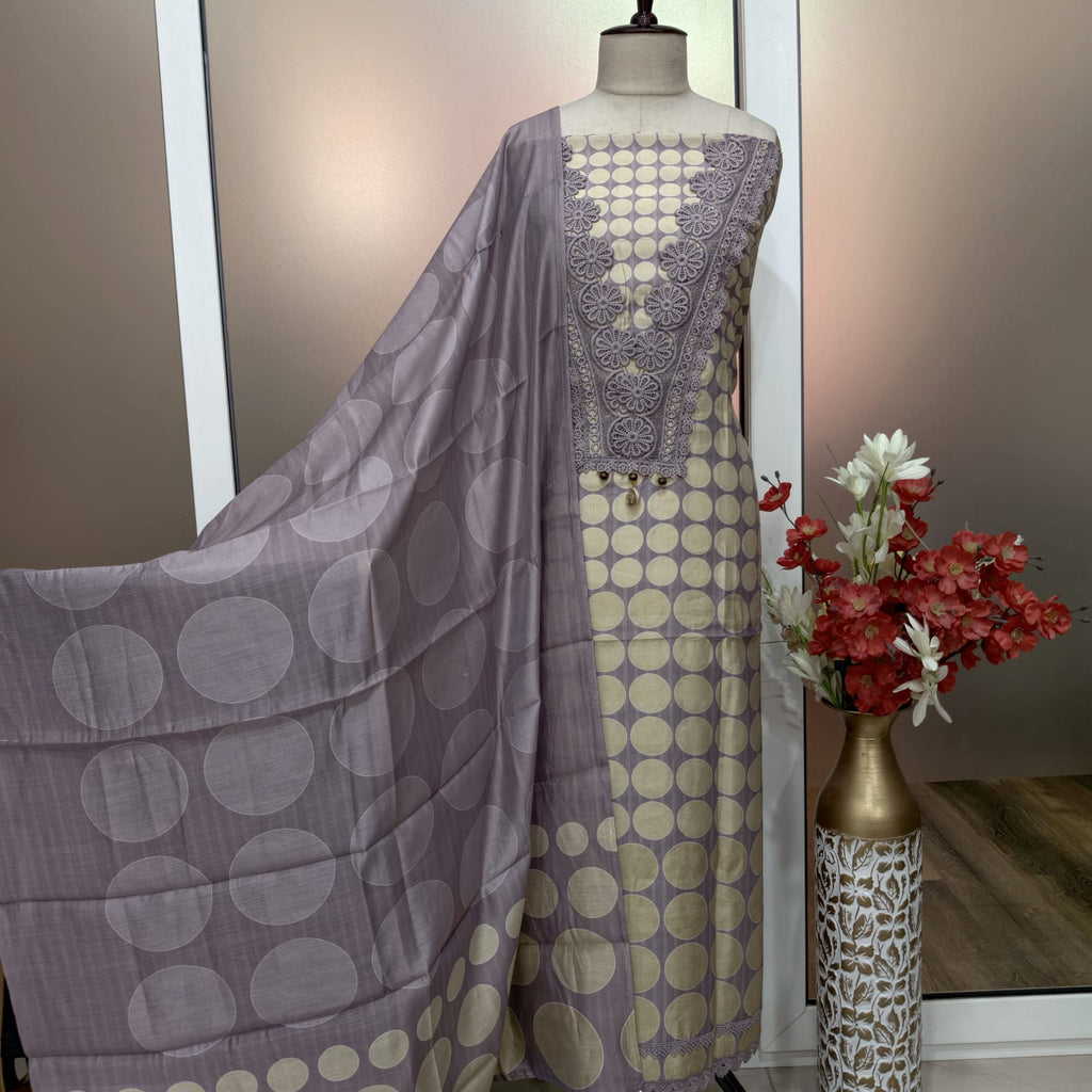 Elegant Masleen Suit with Polka Dot Design & Neckline Embroidery