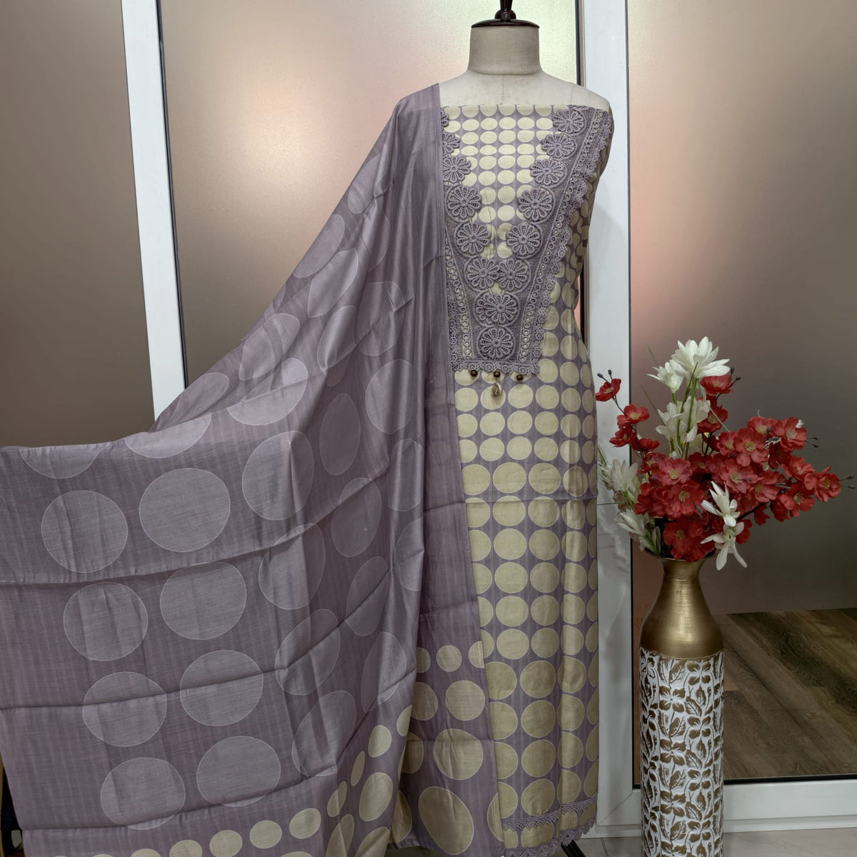 Elegant Masleen Suit with Polka Dot Design & Neckline Embroidery