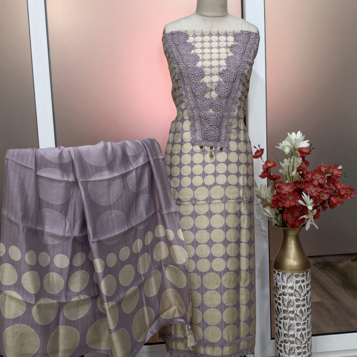 Elegant Masleen Suit with Polka Dot Design & Neckline Embroidery