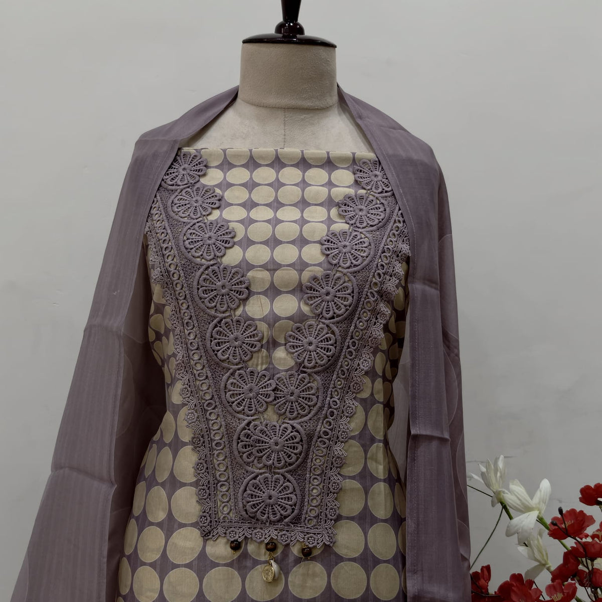 Elegant Masleen Suit with Polka Dot Design & Neckline Embroidery