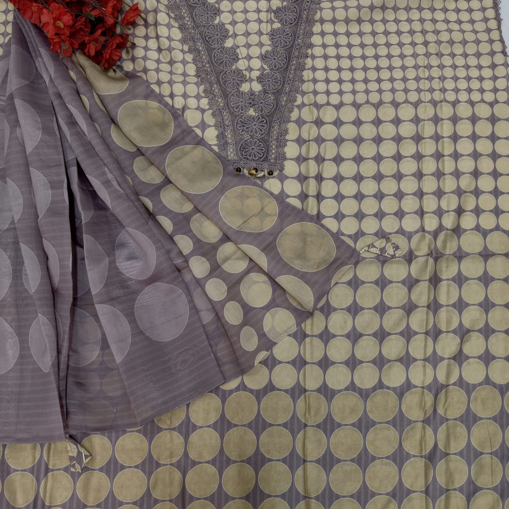 Elegant Masleen Suit with Polka Dot Design & Neckline Embroidery