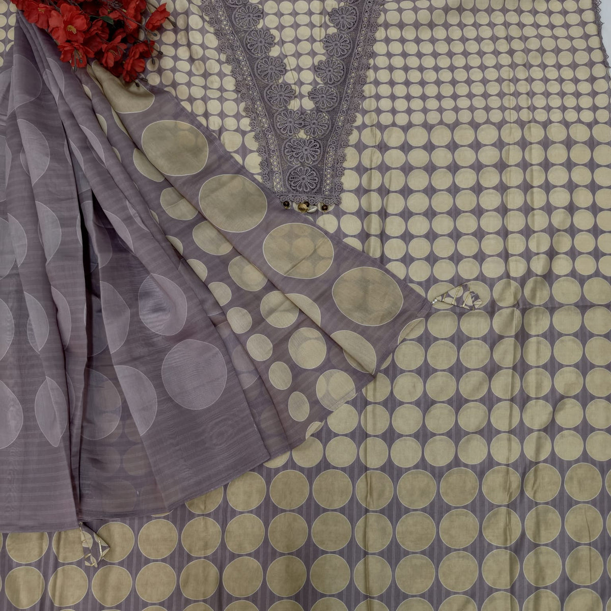 Elegant Masleen Suit with Polka Dot Design & Neckline Embroidery