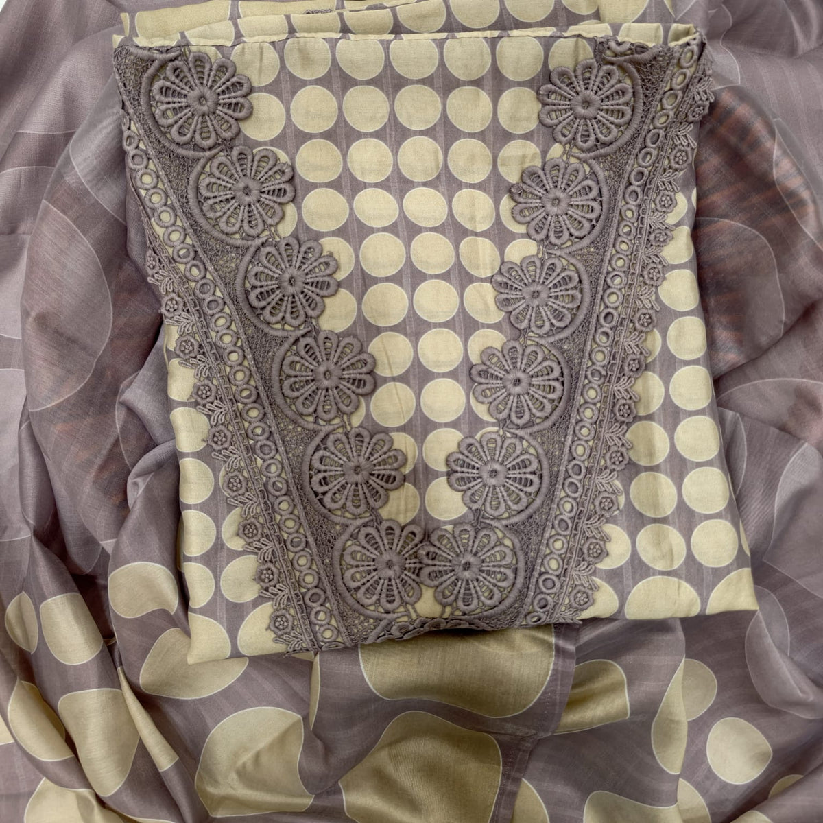 Elegant Masleen Suit with Polka Dot Design & Neckline Embroidery