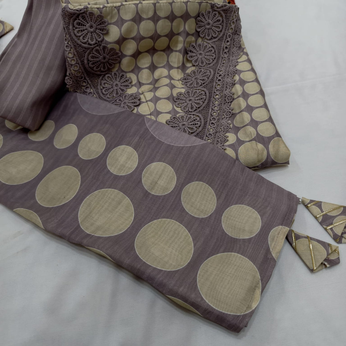 Elegant Masleen Suit with Polka Dot Design & Neckline Embroidery