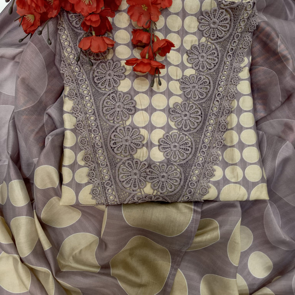 Elegant Masleen Suit with Polka Dot Design & Neckline Embroidery