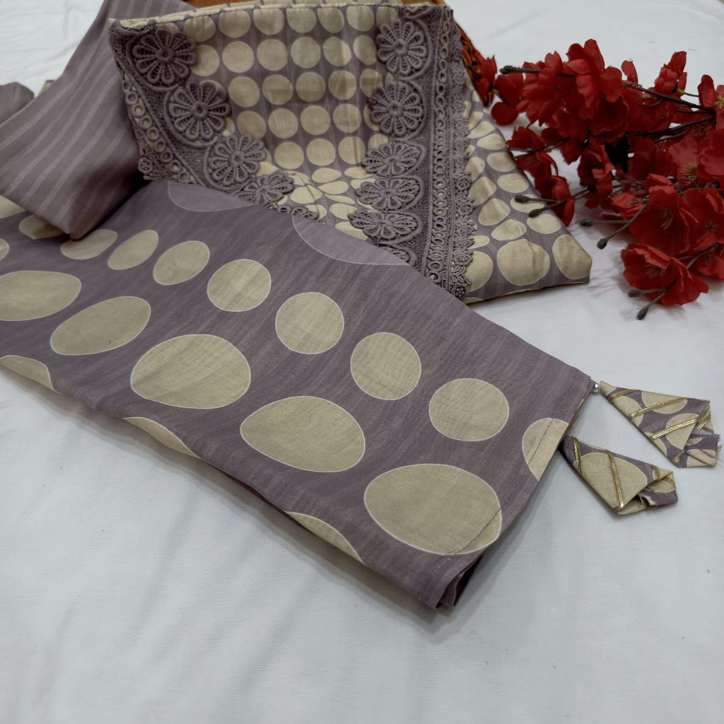 Elegant Masleen Suit with Polka Dot Design & Neckline Embroidery