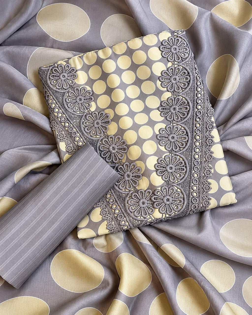 Elegant Masleen Suit with Polka Dot Design & Neckline Embroidery
