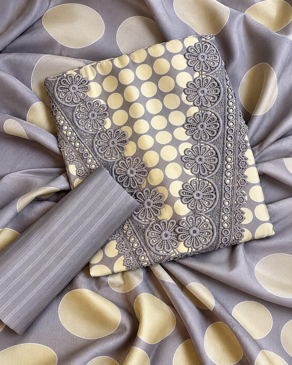Elegant Masleen Suit with Polka Dot Design & Neckline Embroidery