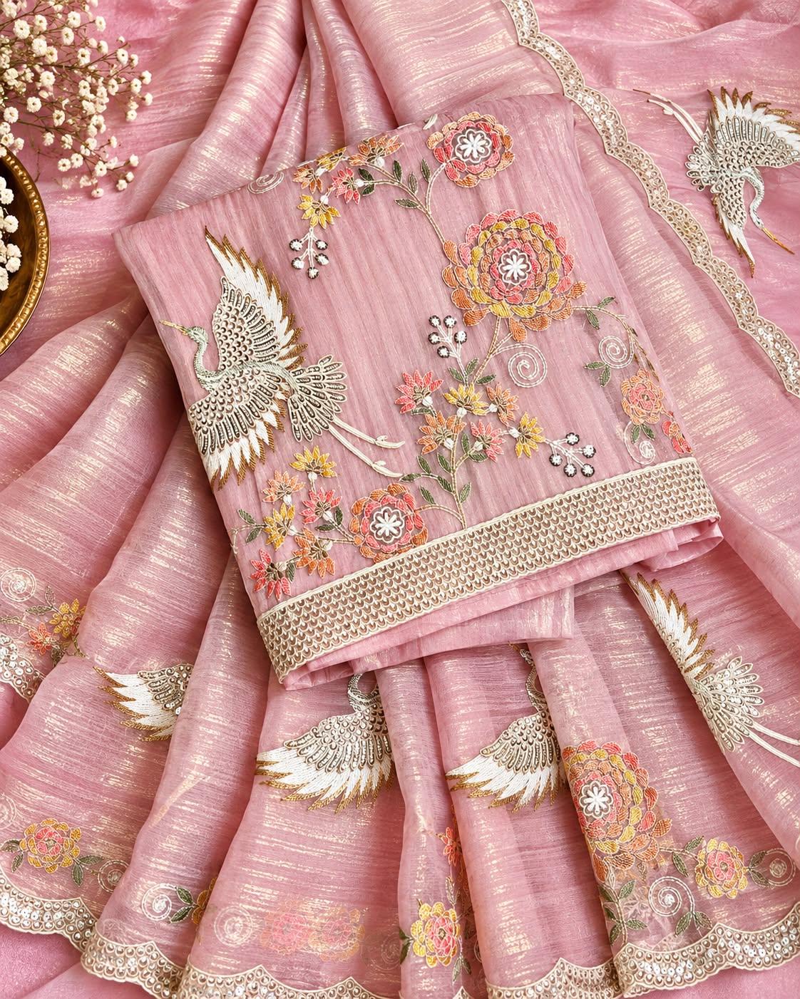Crush Tissue Suit with Exquisite Parsi Flamingo Embroidery