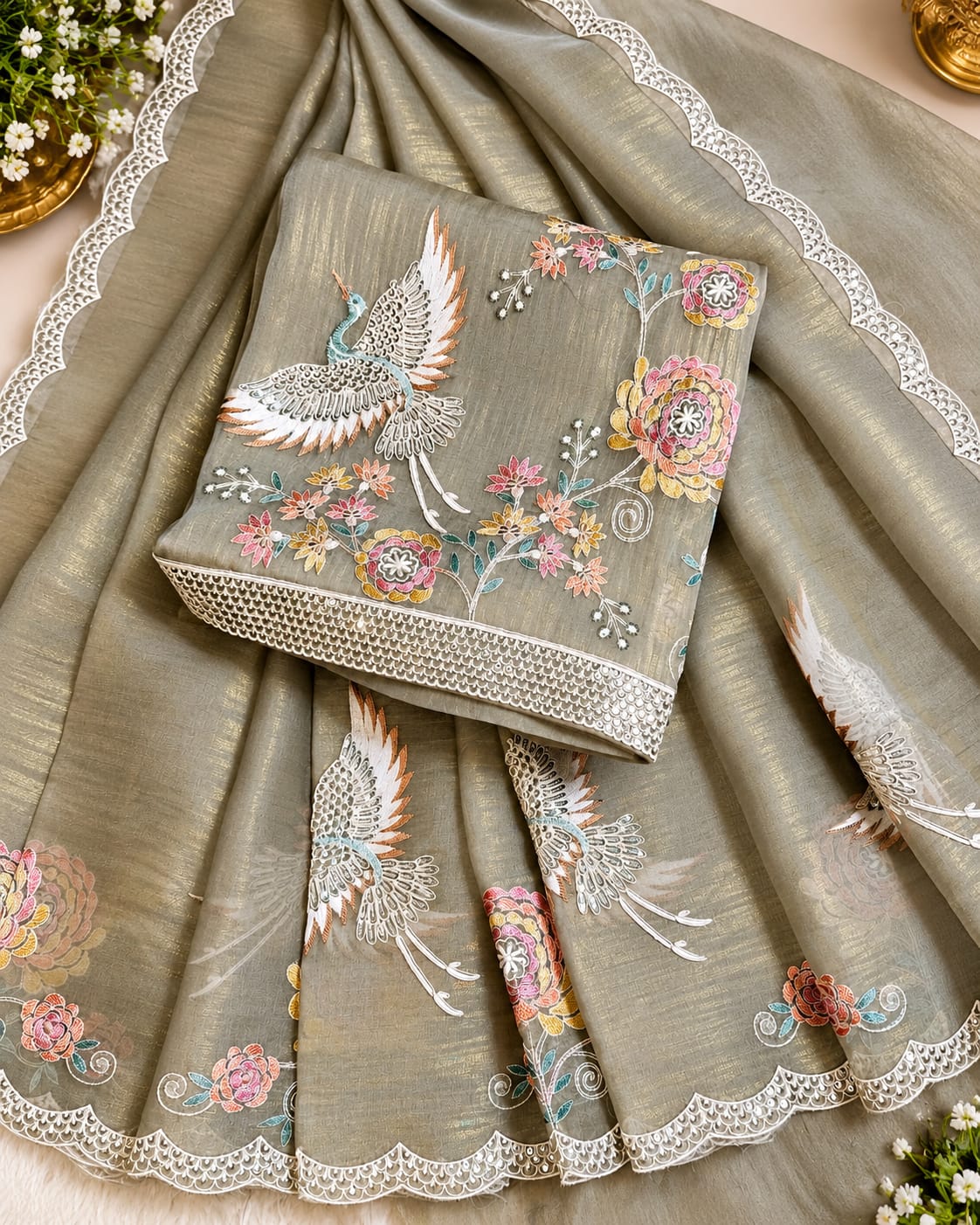 Crush Tissue Suit with Exquisite Parsi Flamingo Embroidery