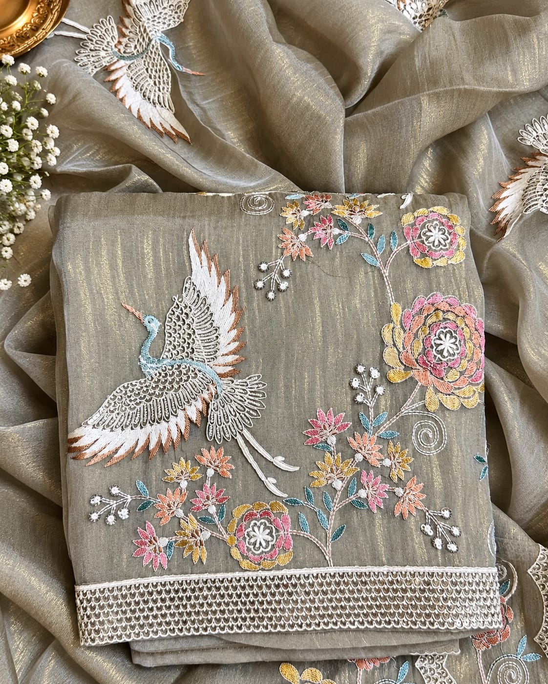 Crush Tissue Suit with Exquisite Parsi Flamingo Embroidery