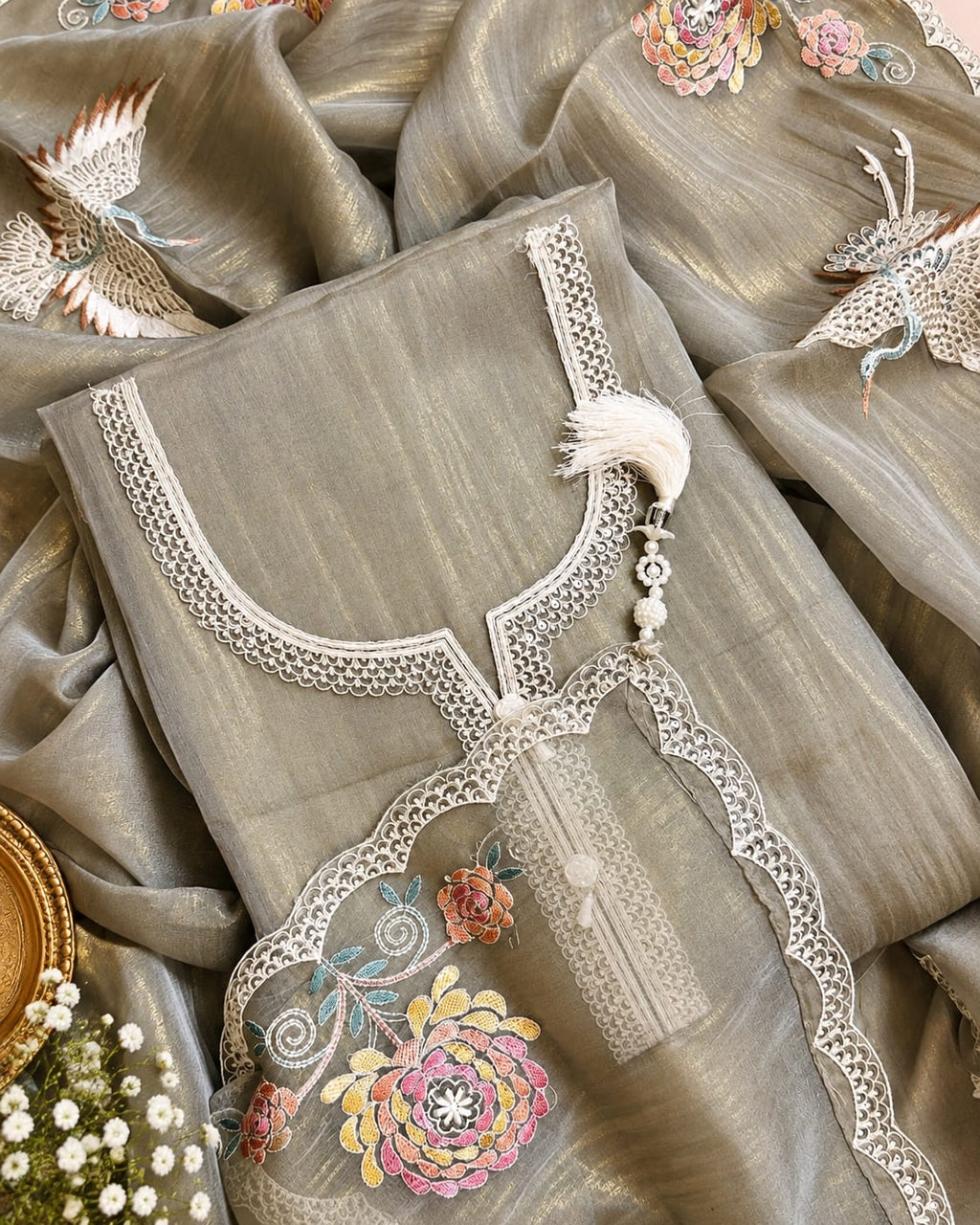 Crush Tissue Suit with Exquisite Parsi Flamingo Embroidery