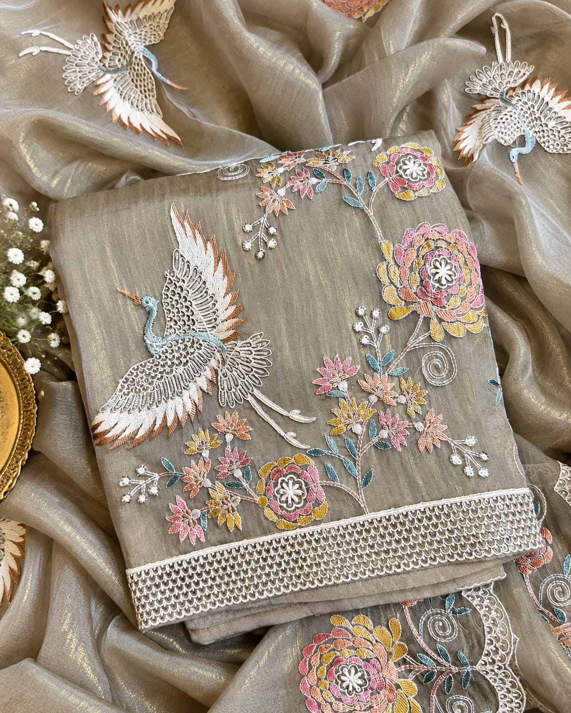 Crush Tissue Suit with Exquisite Parsi Flamingo Embroidery