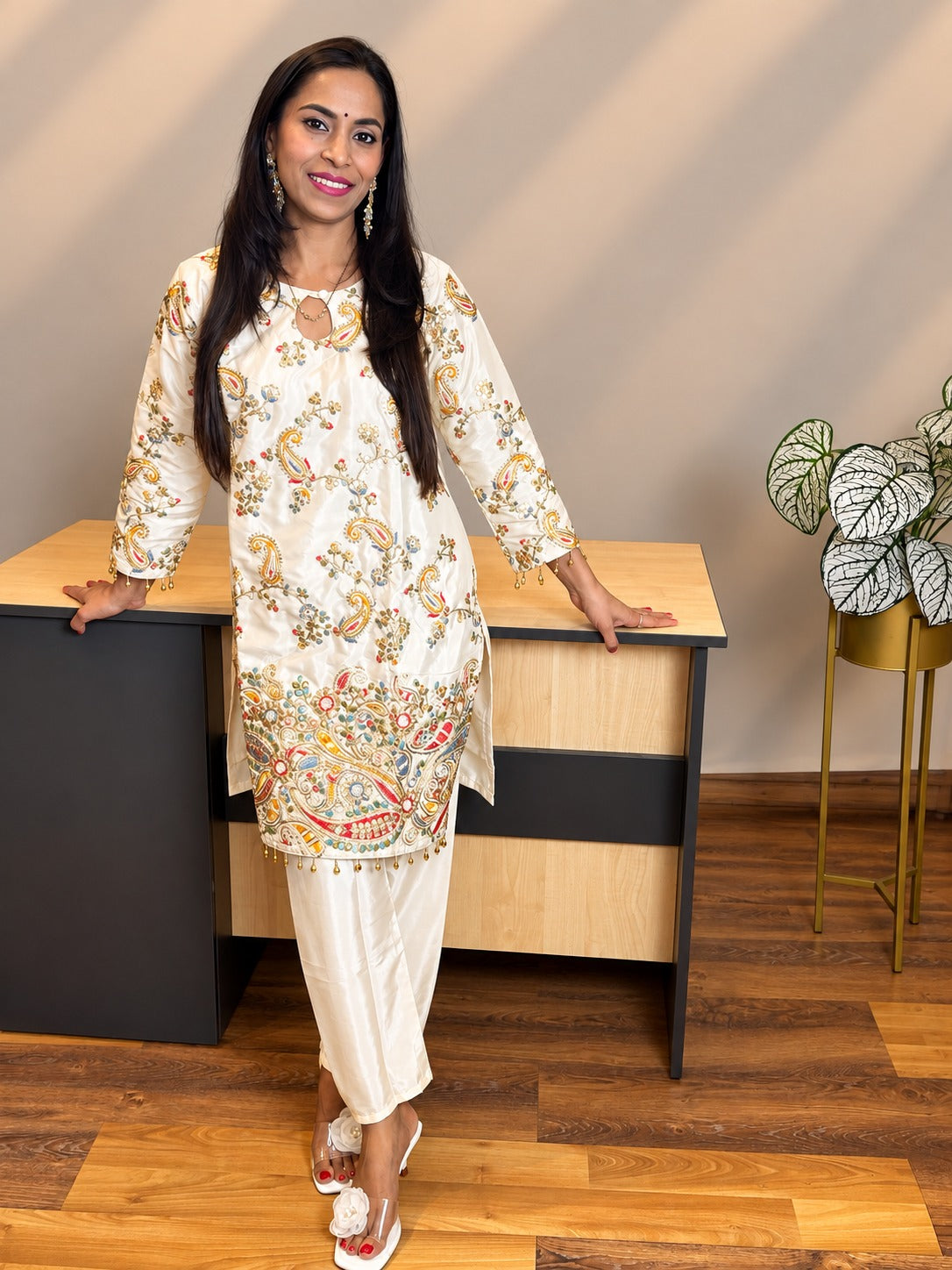 Cream Ethnic Motifs Embroidered Regular Thread Work Silk Crepe Kurti