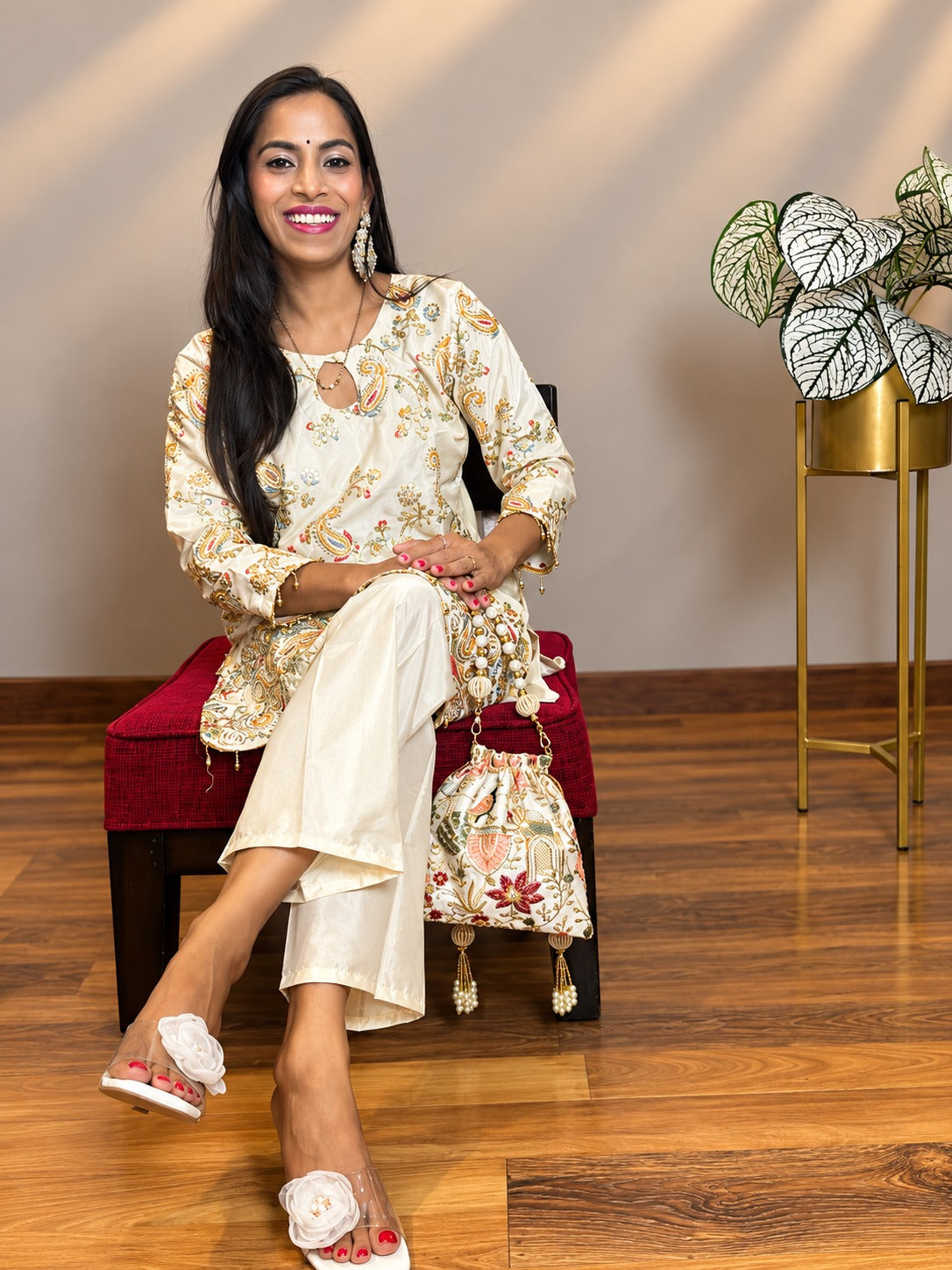Cream Ethnic Motifs Embroidered Regular Thread Work Silk Crepe Kurti