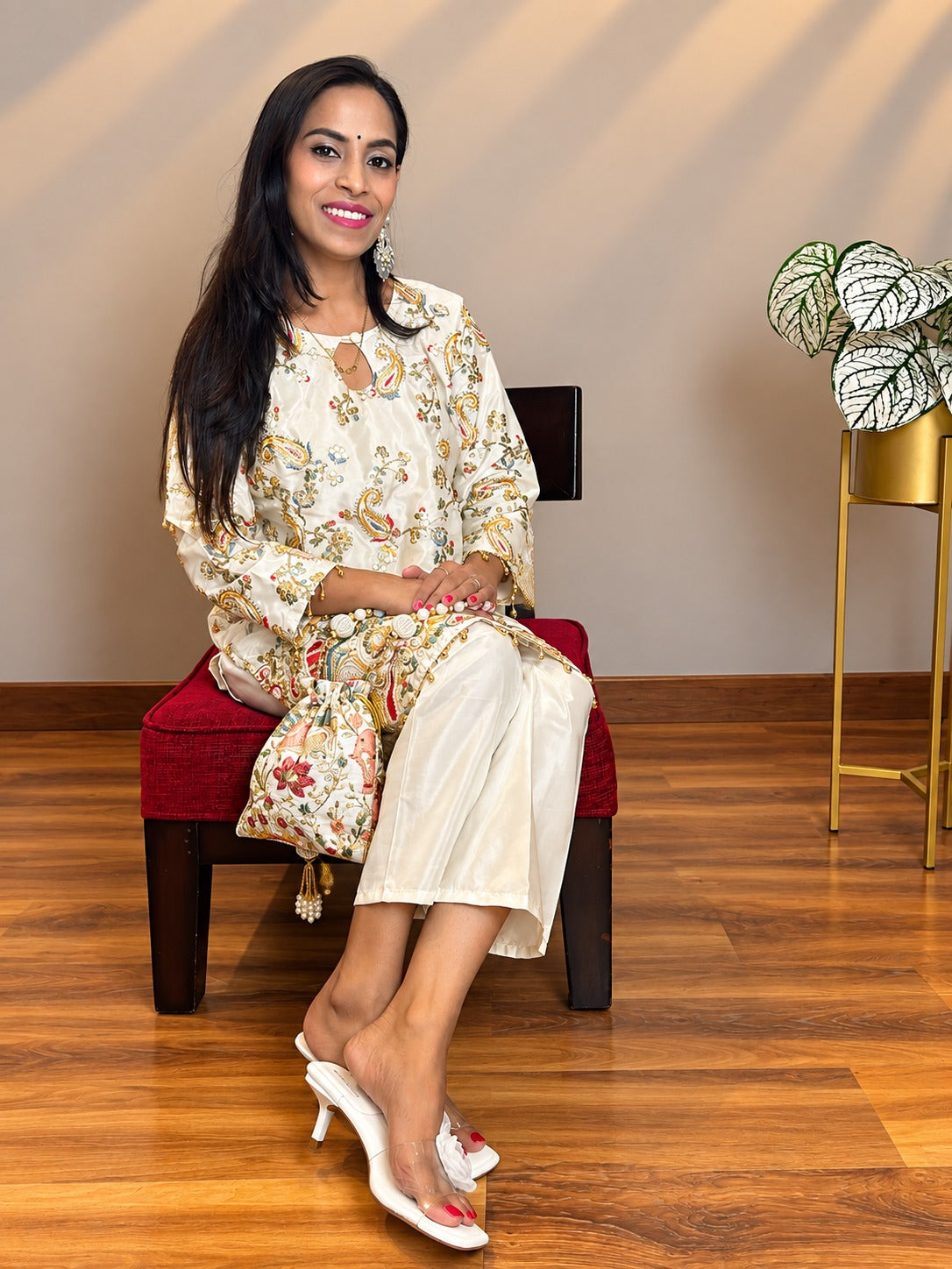 Cream Ethnic Motifs Embroidered Regular Thread Work Silk Crepe Kurti