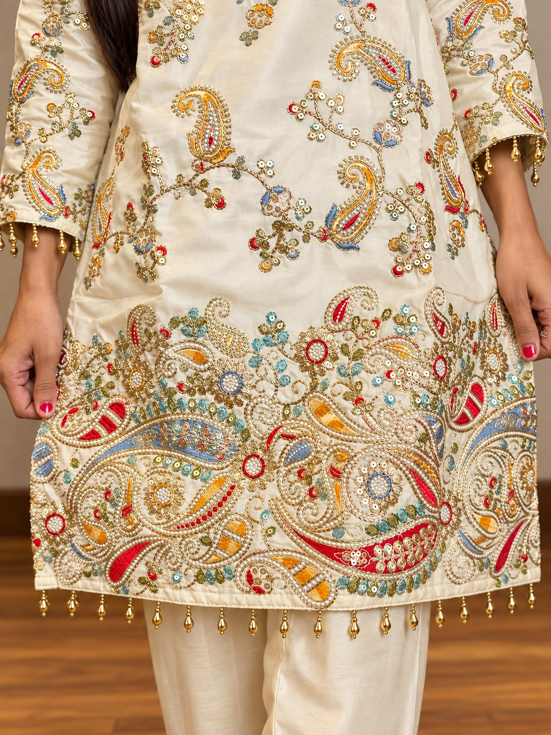 Cream Ethnic Motifs Embroidered Regular Thread Work Silk Crepe Kurti