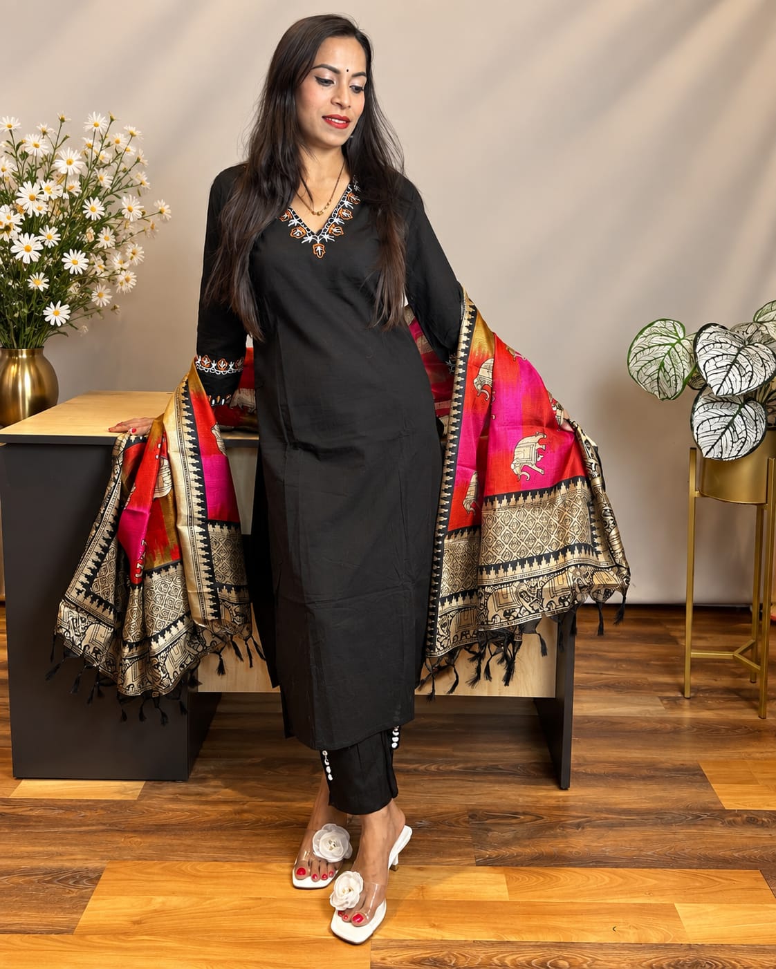 Black Embroidered Cotton Kurta and Pant Set with Khadi Dupatta