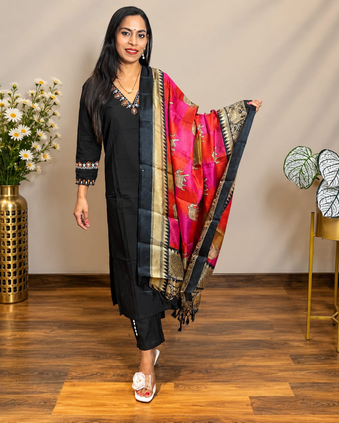 Black Embroidered Cotton Kurta and Pant Set with Khadi Dupatta