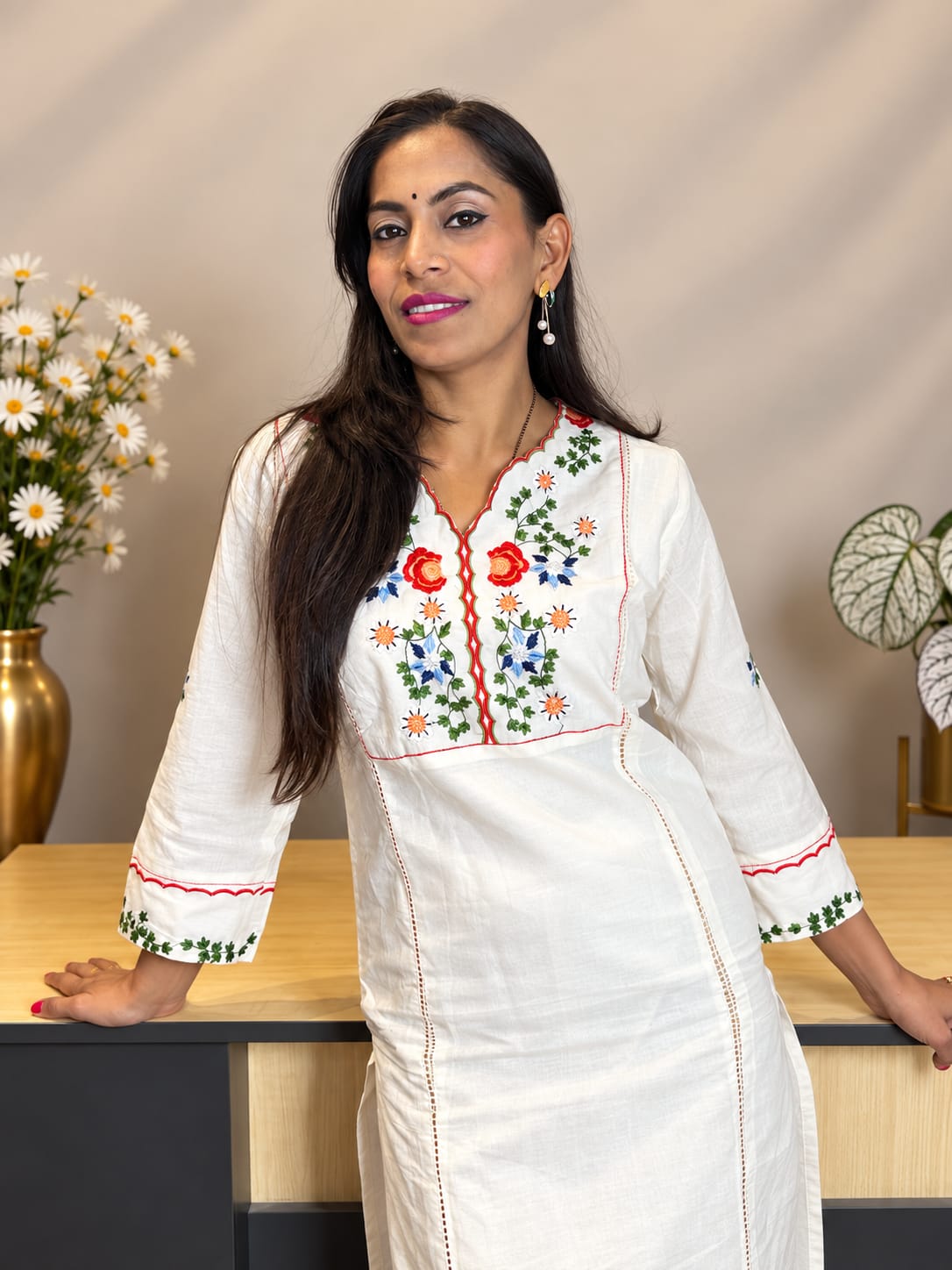 Off White Embriodered Cotton Flex Kurta and Pant Set