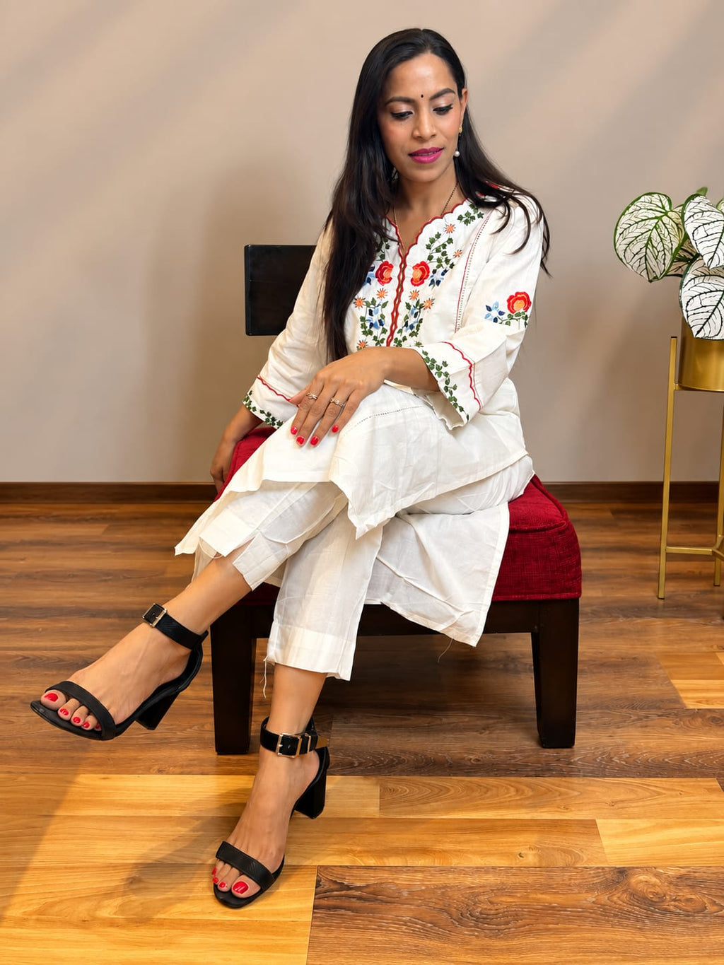Off White Embriodered Cotton Flex Kurta and Pant Set