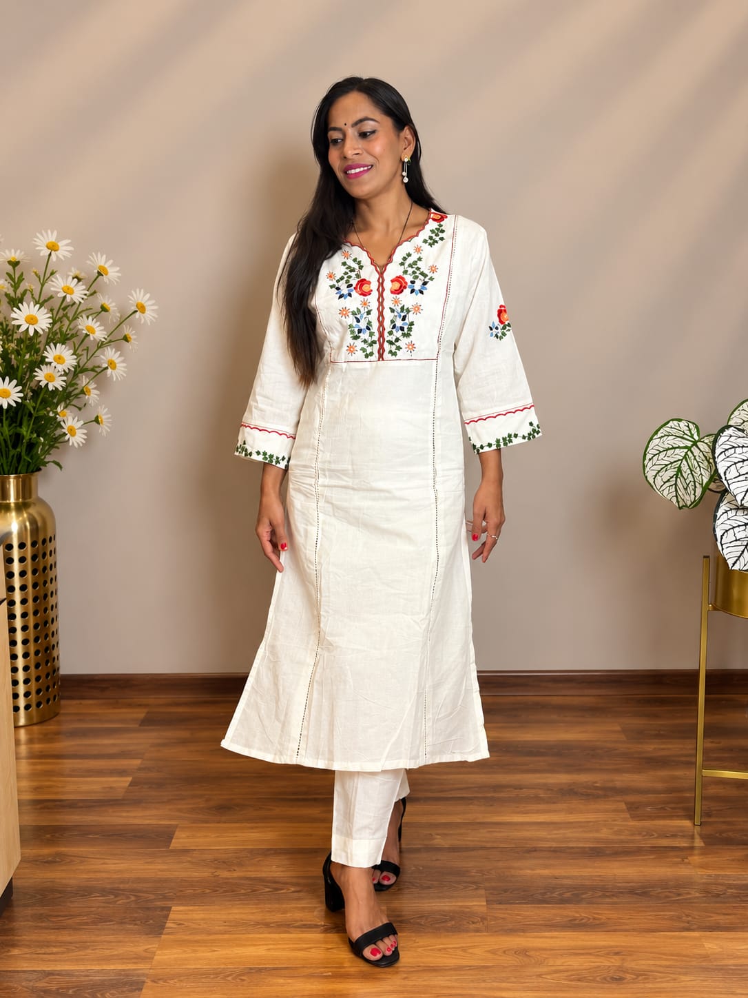 Off White Embriodered Cotton Flex Kurta and Pant Set
