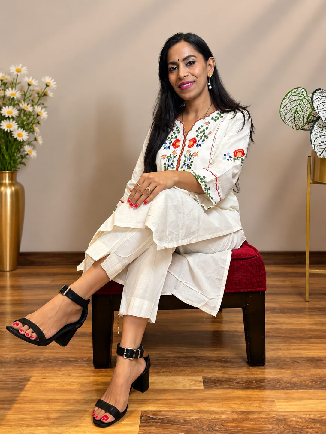 Off White Embriodered Cotton Flex Kurta and Pant Set