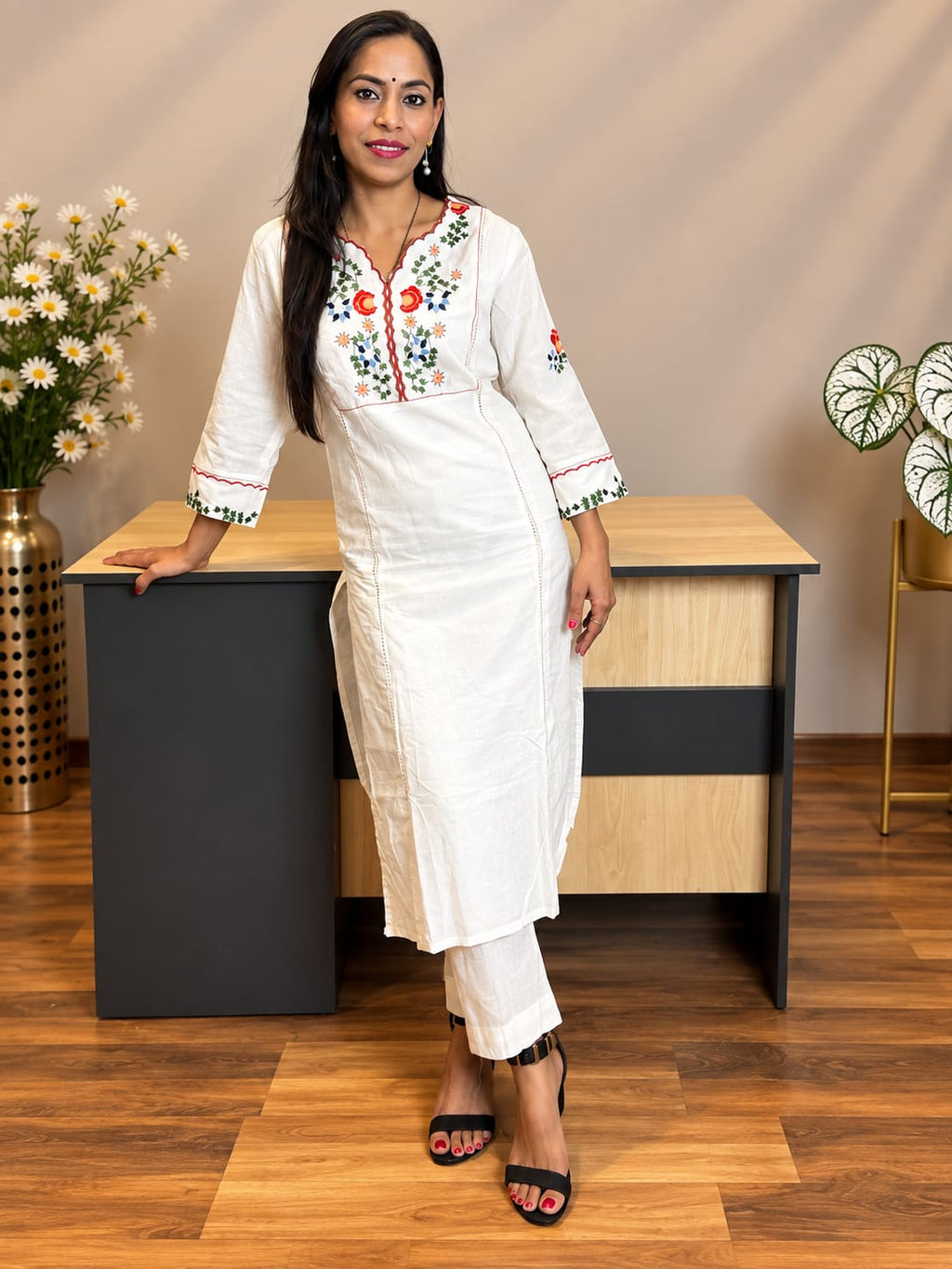 Off White Embriodered Cotton Flex Kurta and Pant Set